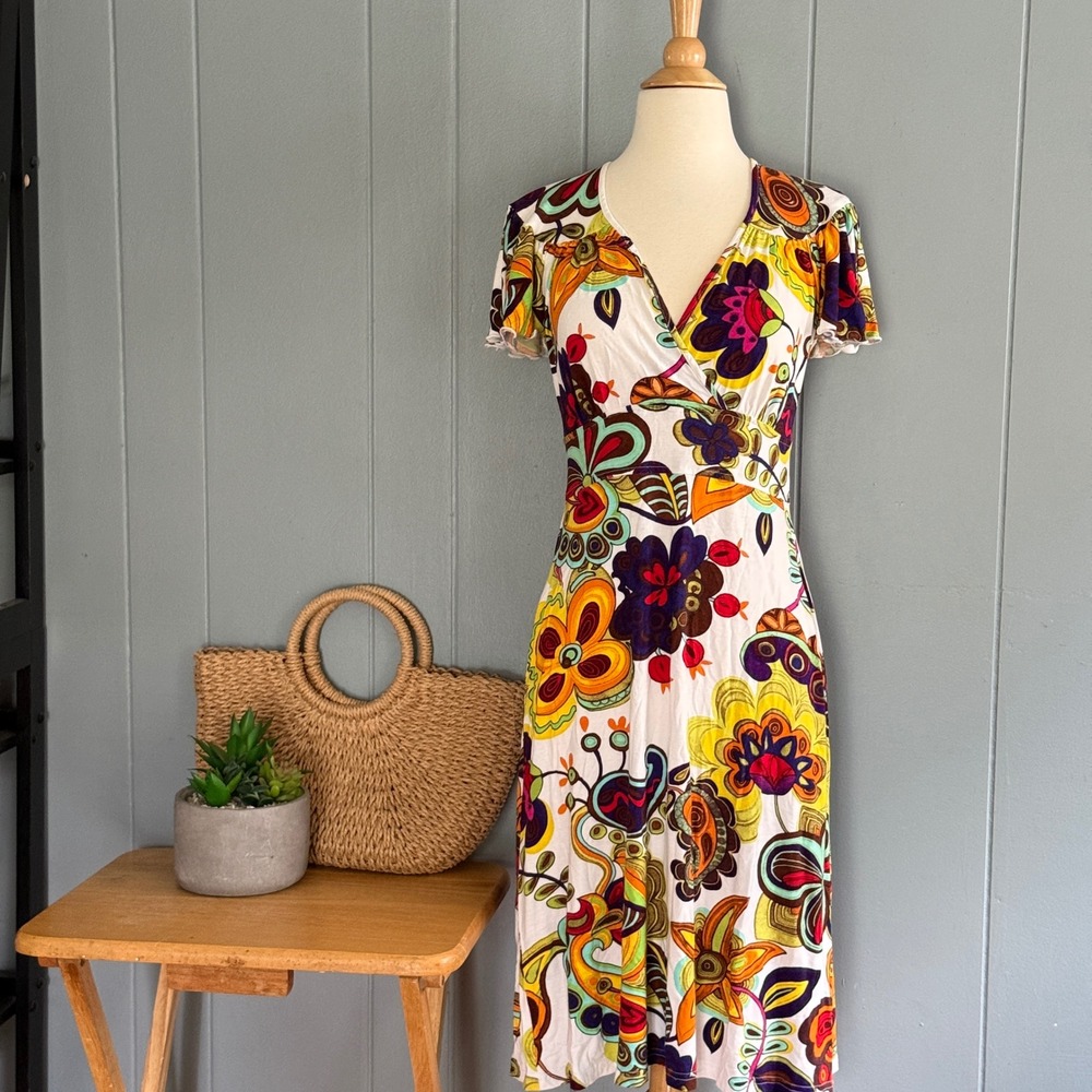 Ivy Jane Womens Boho Retro Paisley Floral Wrap Dress Flutter Sleeve Midi Size S